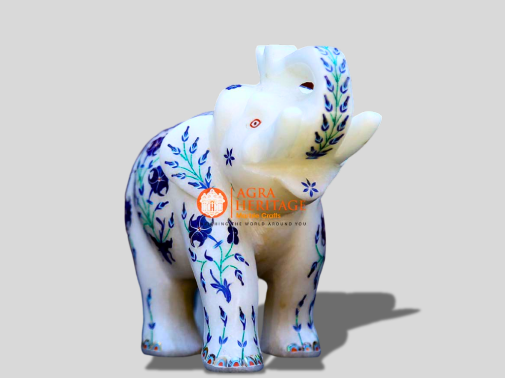 Decorative Marble Elephant Lapis Malachite Inlay Floral Arts